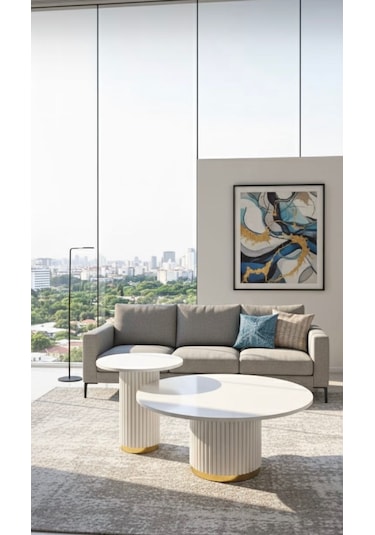 Most Bohem Orta Sehpa Aytaşı 2'li Set Gold Detay %100 Ahşap 85 Cm. Çap Aytaşı Gold