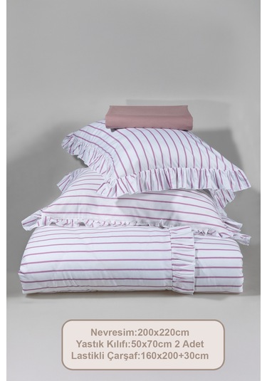Elart Lara Nevresim Takımı Çift Kişilik Lastikli Çarşaf %100 Pamuk Ranforce Fırfırlı 200x220 Cm Gülkurusu Gülkurusu