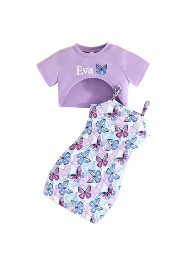 2-7 Yaş Çocuk Takımı Yaz Yeni Tatlı 2 Parça Günlük Hanım Tarzı Kısa Kollu Kayık Yaka Üst + Kelebek Baskılı Askılı Etek Mor