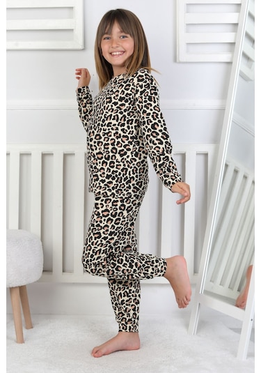 Minik Uyku Avcısı - Vahşi Rahatlık Serisi Leopar Desenli Kız Çocuk Pijama Takımı Sarı