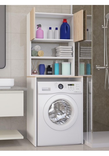 %100mdf Çamaşır Ve Kurutma Makinesi Dolabı, 3 Raflı Kapaklı Çamaşır Makinesi Üstü Dolabı Sonoma-beyaz Sonoma - Beyaz