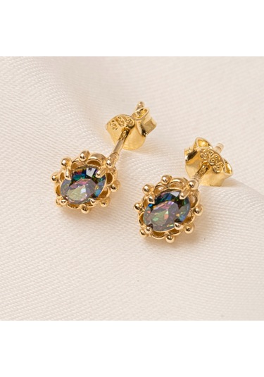 Altın Küpe - 14 Ayar Altın Vintage Tasarım Mistik Topaz Taşlı Küpe Sarı