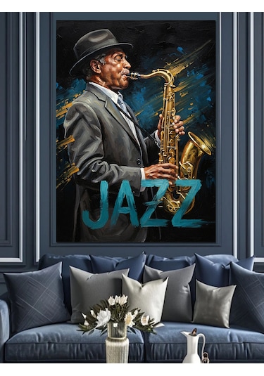 Saksafon Çalan Jazz Adam Dekoratif Kanvas - Mdf Ahşap Tablo