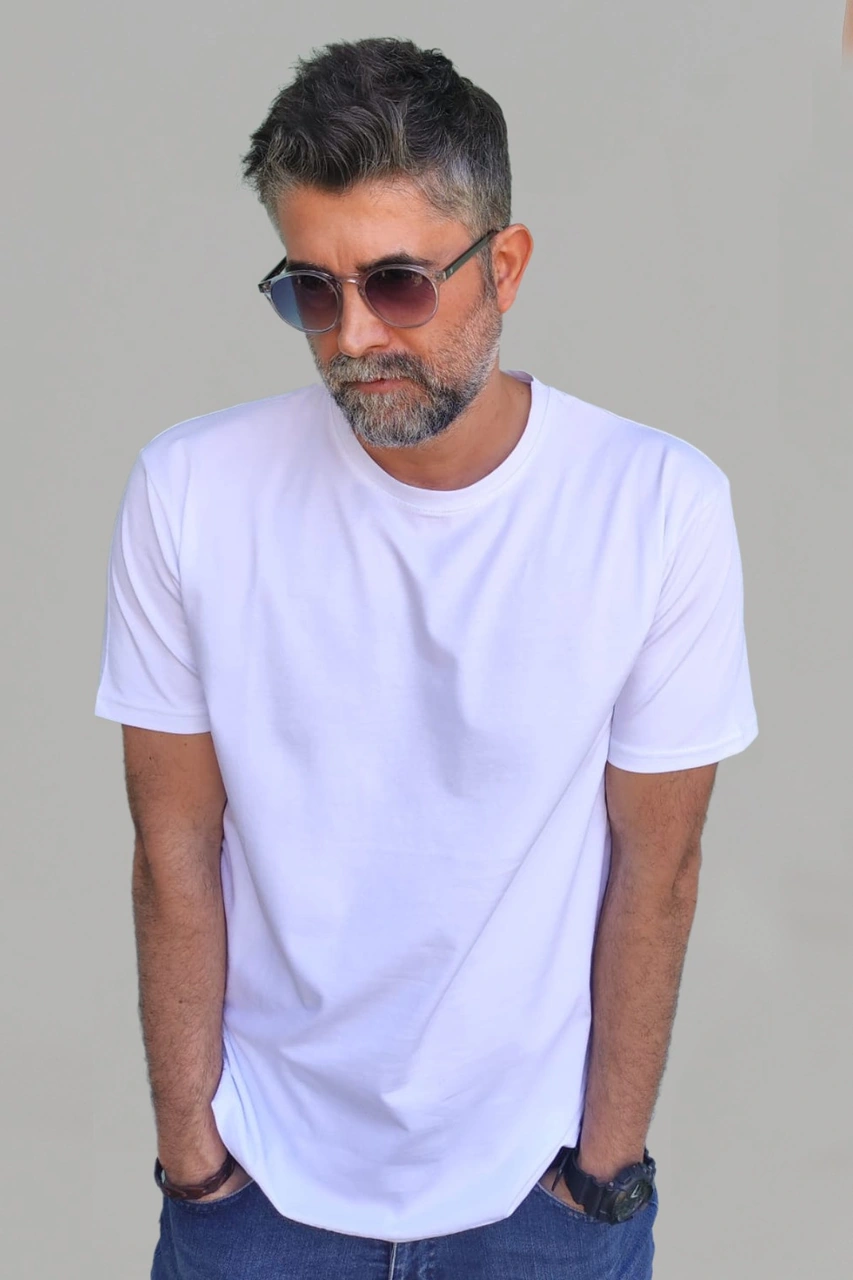 Erkek Beyaz Slim Fit Bisiklet Yaka Pamuk Elastan Basic Tişört Vk-erkektişört-tekli Beyaz