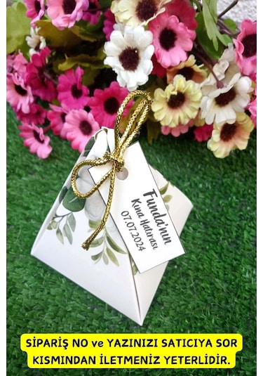 30 Adet Gold İpli Yeşil Çiçekli Piramit Kutu - Kına Hediye Kutu