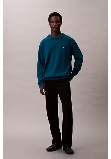 Erkek Regular Fit Monogram Nakışlı Kazak - Petrol Mavisi Deep Sea Teal