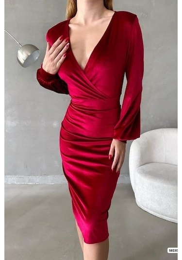 Nnstartshopping Kadın Kadife Kumaş Kruvaze Yaka Balon Kol Ve Yırtmaç Detaylı Midi Boy Elbise Kırmızı