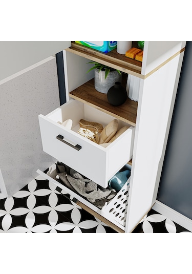 Çamaşır Sepetli Banyo Dolabı, Çok Amaçlı Dolap 45 X 200, Roomart Atlantik Çam - Beyaz Çamaşır Sepetli Banyo Dolabı, Çok Amaçlı Dolap 45 X 200, Roomart Atlantik Çam - Beyaz