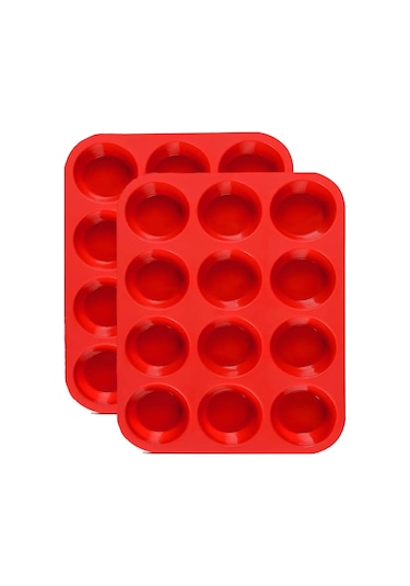 Kangvka 2 Adet Silikon Muffin Kalıbı - 12'li Set, Anti Yapışkan, 29x21.8x4cm, 230g, Kırmızı, Pastane Fırın Kalıpları KIrmızı
