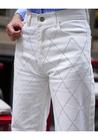 Kadın Beyaz Renk Palazzo Önü Starlight Parlak Taşlı Tasarım Denim Beyaz