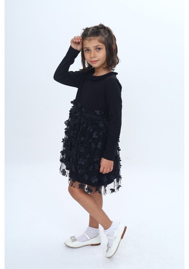 Toontoy Kız Çocuk Yaka Fırfır Etek 34 Çiçekli Tüllü Elbise Siyah