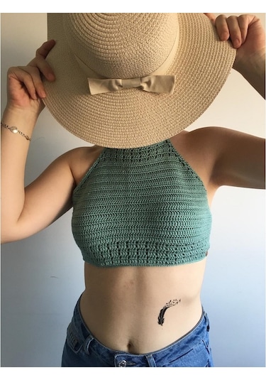 Tuyy El Örgüsü Özel Tasarım Su Yeşili Renk Bikini Üstü Büstiyer