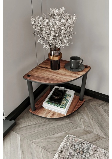 2 Katlı Dekoratif Köşe Kitaplık Ceviz Ceviz