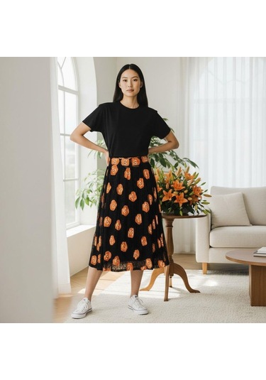 Şifon Beli Lastikli Etek 95 Cm - 38-50 Oranj