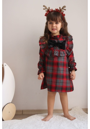 Kids Kırmızı Ekose Elbise Kırmızı