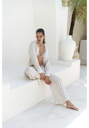 Priskiana Bağcıklı Vizon Pantolon Gömlek Takım Vizon