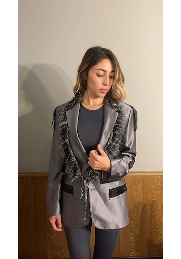 Gri Pullu Özel Tasarım CEKET Gri
