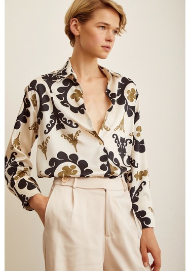 Never More V Yaka Desenli Saten Gömlek Bej