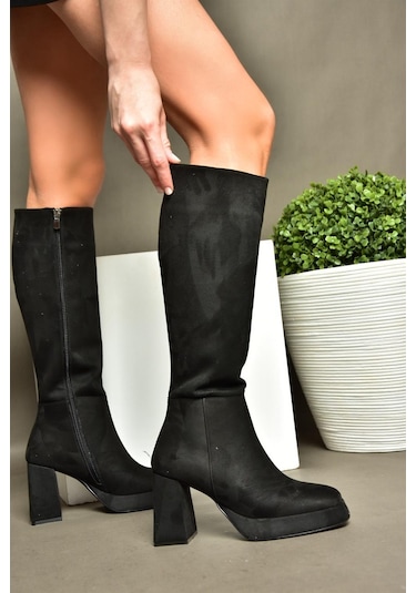 Fox Shoes R282230102 Siyah Süet Platform Kalın Topuklu Kadın Çizme Siyah