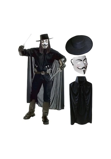 V For Vendetta Maskesi Şapkası ve Pelerin Kostüm Seti Yetişkin B