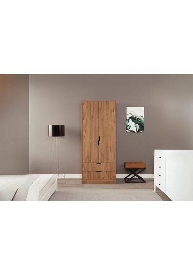 Moderno Mini 2 Kapaklı 2 Çekmeceli Gardırop Kompakt Tasarım, Modern Görünüm Atlantik Çam