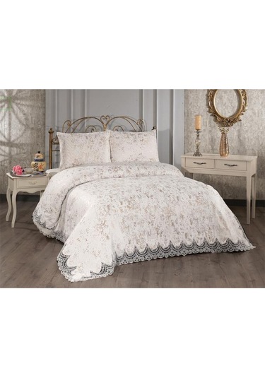 Fransız Güpürlü Çeyizlik Yatak Örtüsü Bulut Cappucino Capucino