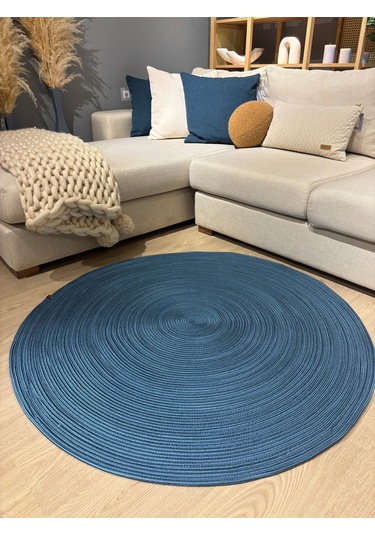 Jüt Yuvarlak Hasır Görünümlü Klasik Halı Kilim Mavi