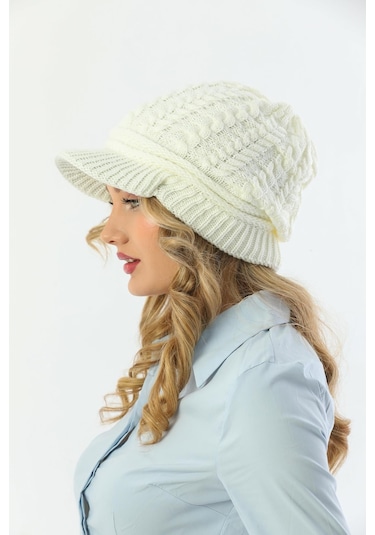 Siperli Çift Kat Ekru Triko Örme Bere Ekru