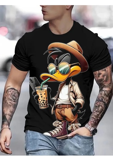 Snapbuy Komik Ördek Baskılı Erkek T-shirt - Rahat O-boyun Kısa Kollu Moda Tişört Gri