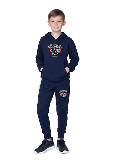 Kanguru Cepli Kapüşonlu Never Give Up Baskılı Erkek Çocuk Eşofman Takımı Lacivert