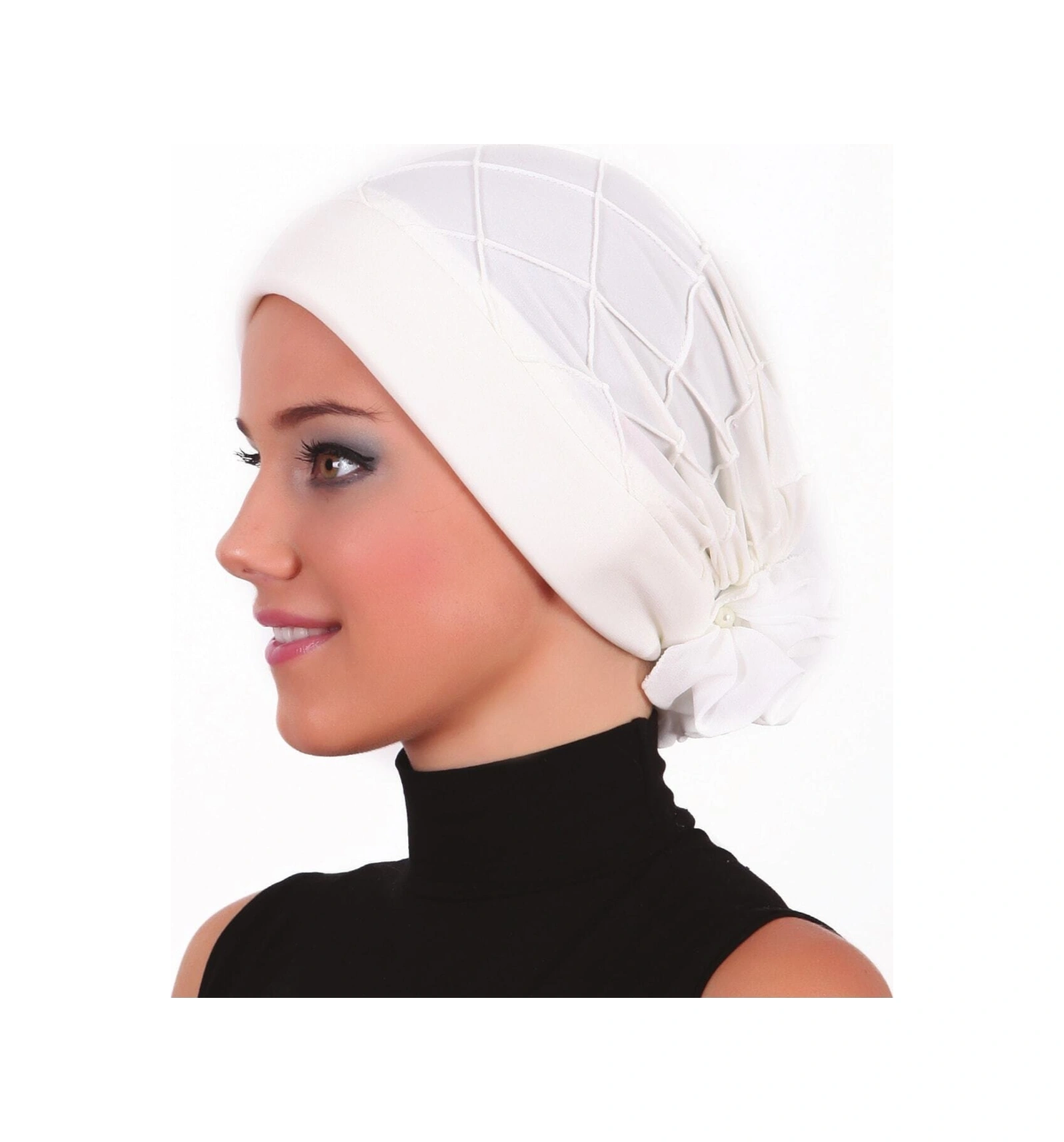 Lüks Nervürlü Arkası Şifon Aksesuarı Krem Hazır Türban Tesettür Bone Krem