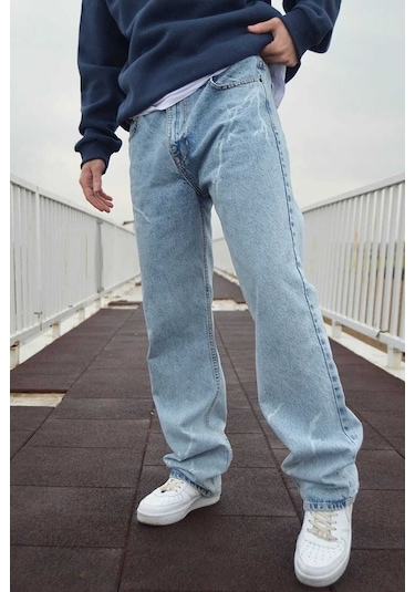 Kaizerdenim Erkek Şimşek Desenli Baggy Pantolon Buz Mavi