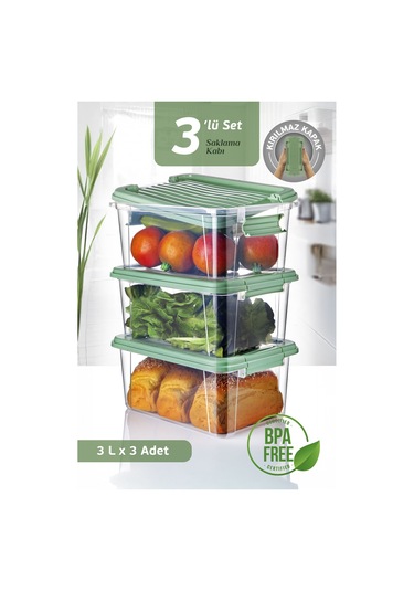 3'lü Set 3l Kilit Kapaklı Erzak Saklama Kabı Difriz Buzdolabı Düzenleyici Un Bakliyat Saklama Kutusu Yeşil