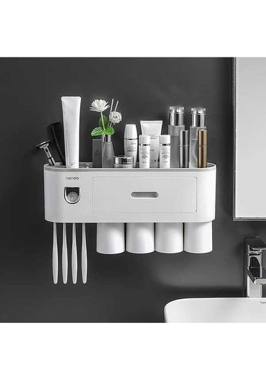Fastbuy Challenger Diş Fırçası Tutucu Ve 4 Bardaklı Banyo Organizatörü Macun Dispenser Kiti Gri Gri