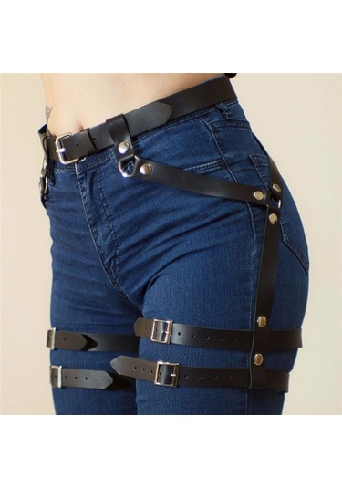 Dolıty Punk Pu Deri Koşum Jartiyer Kemer Ayarlanabilir Bel Bacak Siyah
