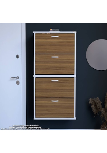Modilayn Umay' 2 Li Asma Antre Hol 72 X 148 X 25, 5 Cm Lik 4 Düşer Kapak 8 Raf Bölmeli Ayakkabılık Beyaz - Ceviz