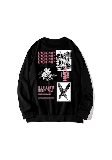 Unisex Oversize Bravely Baskılı Siyah Sweatshirt siyah