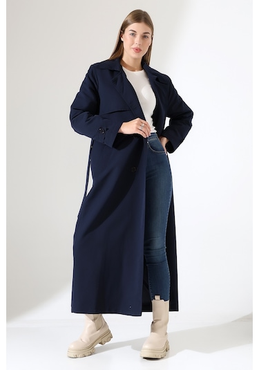 Amazon Keten Kumaş Uzun Boy Düğmeli Astarlı Yumuşak Dokulu Trenç Kot Lacivert Lacivert