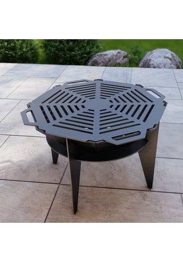 Oktagon Barbekü Izgaralı Ateş Çukuru Ayaklı Bahçeniz İçin Dekorat Siyah