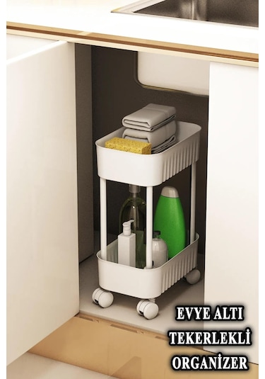 Çok Amaçlı 2 Katlı Banyo Dolabı, Evye Altı Düzenleyici Dolap Içi Tezgah Altı Tekerlekli Organizer - Deterjanlık, Dolap Yanı Raf Beyaz