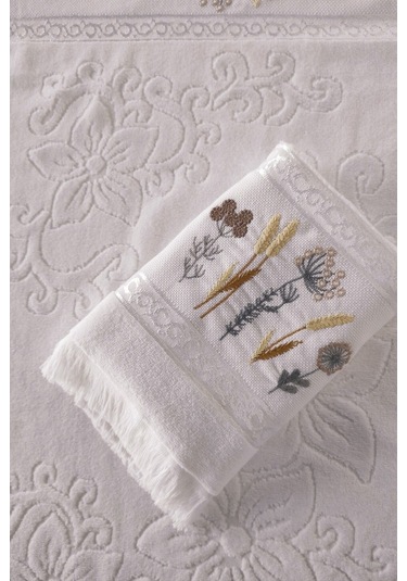 2'li Nakışlı Jakarlı Kadife El Yüz Havlusu - %100 Pamuk - Beyaz Beyaz Beyaz