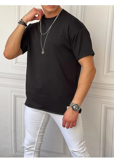 Modefendi Pamuk Likra Yırtmaç Detaylı 2 İplik Oversize Tshirt Siyah