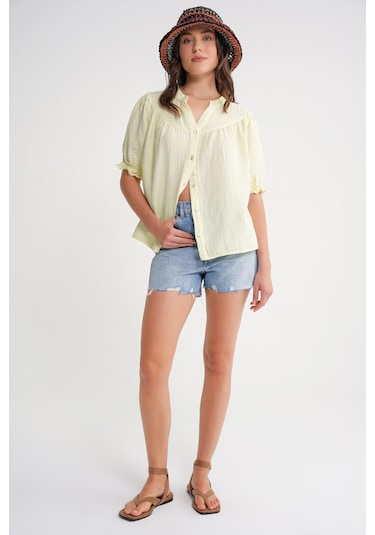 4725 Kadın Büzgü Robalı Kolu Fırfırlı Müslin Gömlek Pastel Sarısı Pastel Sarısı