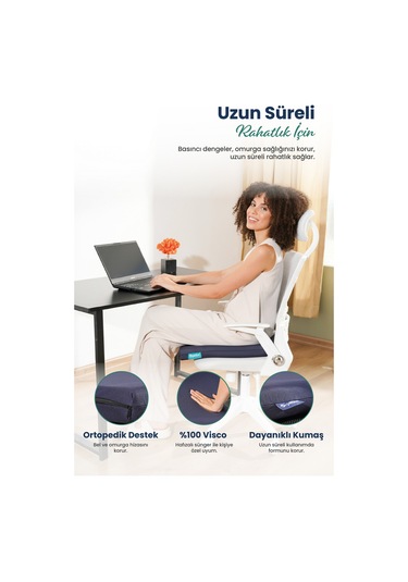 Kare Ortopedik Visco Oturma Minderi Bel, Basen Ve Baldır Destekli %100 Visco Minder - 45x43x6cm Lacivert