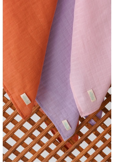 3'lü Organik Pamuk Müslin Örtü Seti Unisex Pudra Pembe, Lavanta, Tarçin 3 Adet 75x85 CM Karışık