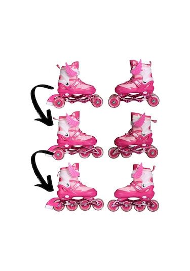 Pembe Melek Kanatlı Işıklı Paten Kız Çocuk Pateni Silikon 4 Teker Pembe