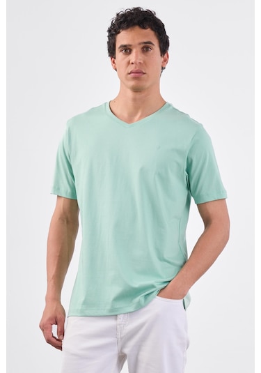 Mint Yeşili V Yaka Pamuklu Düz Renk Slim Fit Erkek T-shirt Mint Yeşili