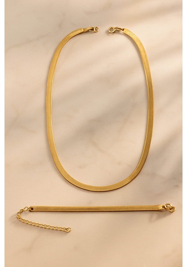 Altın Renk Italyan Zincir Kolye Ve Bileklik Takımı Altın