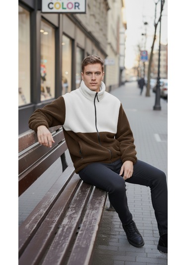 Premium Kalite Renk Bloklu, Fermuarlı, Dik Yaka, Sherpa, Polar, Peluş Ceket Kahverengi - Beyaz