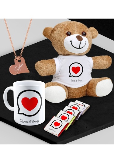 Kişiye Özel Sevgili Peluş Ayı Kupa Madlen Çikolata Ve Rose Kalp Kolye Set - 80